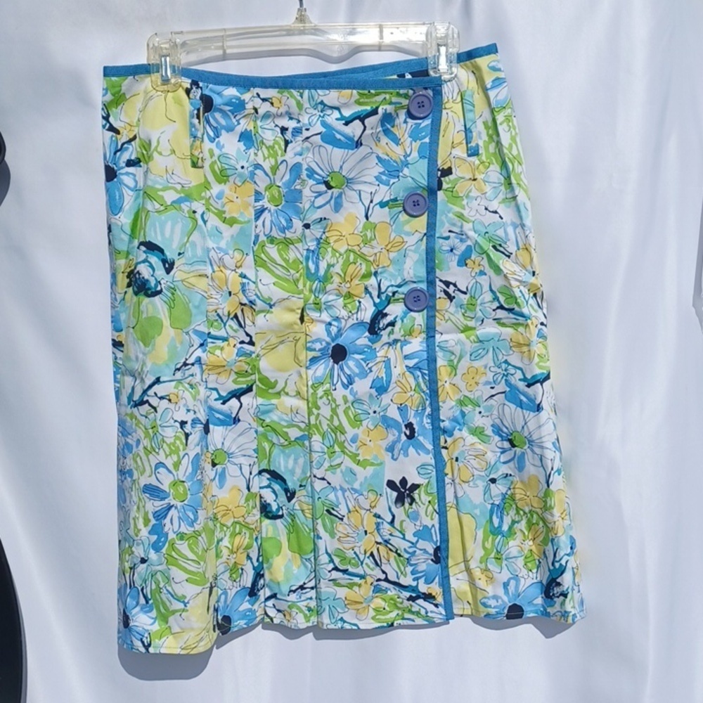 Nine & Company Floral Pleated A Lined Wrap Skirt 10, Blue/green/yellow, Stretch